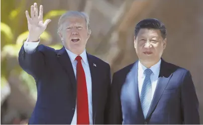  ?? AP FILE PHOTO ?? ‘SPECIAL’ RELATIONSH­IP: President Trump said he wants Chinese President Xi Jinping, shown meeting with Trump in Florida last month, to pressure North Korea and diffuse tensions.