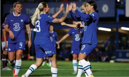  ?? Photograph: John Sibley/Action Images/Reuters ?? Sam Kerr celebrates scoring Chelsea’s second goal in the victory over West Ham.