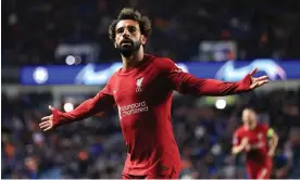  ?? Photograph: Simon Stacpoole/Offside/Getty Images ?? Mohamed Salah celebrates his third goal – and Liverpool’s sixth – of the night at Ibrox.