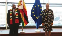  ?? ?? Minister of Foreign Affairs and Internatio­nal Trade Dr Frederick Shava poses for a picture with EU Commission­er MsJutta Urpilainen during their meeting in Brussels, Belgium, yesterday