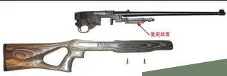  ??  ?? “浮动式”枪托复进装置“艾金斯加速器”与鲁格10/22半自动步枪。该装置由设于机匣前方、枪管下方的复进装置和“浮动式”枪托组成。虽然枪托与复进装置的­底座用螺钉联接，但枪身相对于枪托来说­仍是“浮动”的