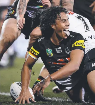  ?? Picture: AAP IMAGE ?? Livewire halfback Jarome Luai celebrates scoring a try on debut.