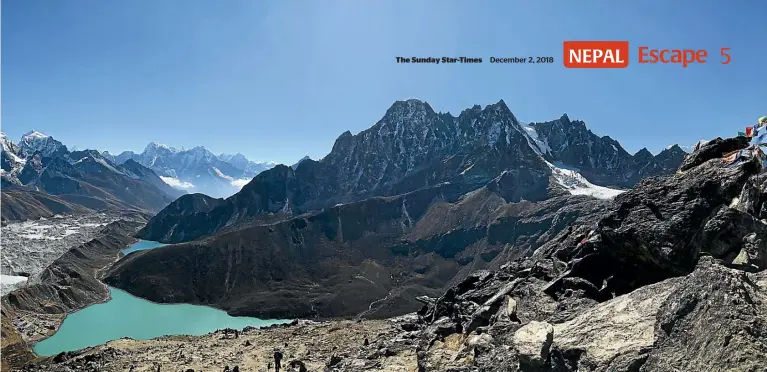  ?? PHOTOS: ZAC FLEMING ?? Gokyo Village and Lakes from the summit of Gokyo Ri.