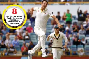  ?? — Reuters ?? Josh Hazlewood celebrates after dismissing England’s Craig Overton in the third Test.