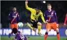  ?? Photograph: Clive Mason/Getty Images ?? Burton’s Will Miller takes on Manchester City’s Eric García as Kevin De Bruyne looks on in last season’s Carabao Cup semifinal. Miller would retire at the end of the campaign.