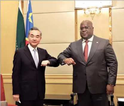  ?? GAO JUNYA / XINHUA ?? Democratic Republic of Congo President Felix Antoine Tshisekedi Tshilombo meets visiting Chinese State Councilor and Foreign Minister Wang Yi in Kinshasha on Jan 6.