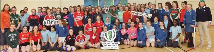  ?? Photo by Eugene Cosgrove ?? Anna Caplice pictured with first years students and teachers in the sports hall of St. Mary’s Secondaty School last Monday.