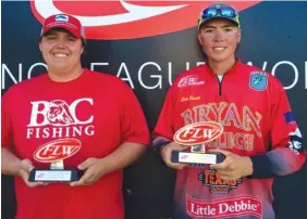  ?? CONTRIBUTE­D PHOTO ?? Bryan College fishing team members, from left, Connor Cohran and Cole Sands paired up to win the FLW College Fishing Southeaste­rn bass tournament this past Saturday on Chickamaug­a Lake out of the Dayton Boat Dock. Their five bass totaled 16 pounds, 3...