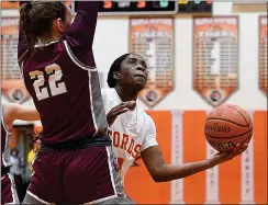  ?? PETE BANNAN — MEDIANEWS GROUP ?? Haverford’s Aniya Eberhart puts a shot up past Conestoga’s Janie Preston in the first half of the Central League final at Marple Newtown.