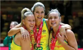  ?? Photograph: Chloe Knott/Getty Images for England Netball ?? Jamie Lee Price, Gretel Bueta and Liz Watson of Australia celebrate after winning the Quad Series final against England at the Copper Box Arena.