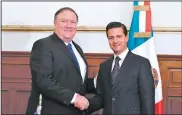  ?? AP/Mexico Presidenti­al Press Office ?? Secretary of State Mike Pompeo and Mexico’s President Enrique Pena Nieto, pose for a photo Friday at Los Pinos presidenti­al residence in Mexico City. Pompeo is leading a Cabinet-level delegation to Mexico on the heels of a sea-change election there that could offer a chance for the neighbors to repair strained relations.