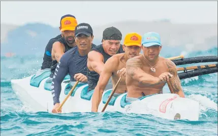  ?? PICTURE / TAKAPUNA BEACH CUP/ GARRICK CAMERON (STUDIO 5) ?? Herberts on Tour in the process of winning the marquee 42km open men’s event at the Takapuna Beach Cup last weekend. From front to back, Sean Herbert, Kier Henry, Tupu King, Mario Mausio, Steve Roulston and Conan Herbert (obscured). Other changeover members of the team (waiting on the accompanyi­ng support boat for the next onwater change) are Chase Herbert, Taonui Henry and Marcel Hellesoe.