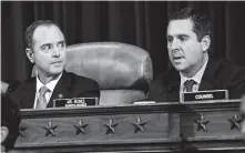  ?? Susan Walsh / Associated Press ?? House Intelligen­ce Committee Chairman Adam Schiff, D-Calif., left, listens as Rep. Devin Nunes, R-Calif., questions Yovanovitc­h.