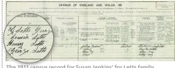  ??  ?? The 1911 census record for Susan Jenkins’ for Letts family