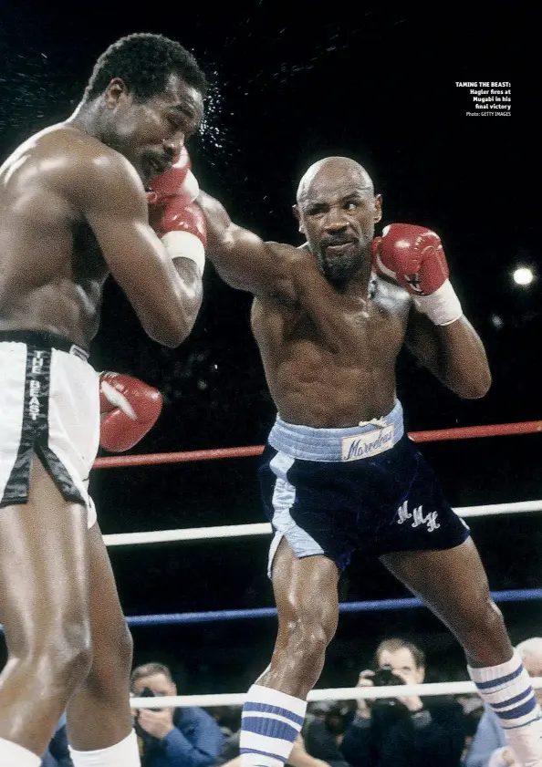  ?? Photo: GETTY IMAGES ?? TAMING THE BEAST: Hagler fires at Mugabi in his final victory