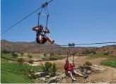  ??  ?? A CHILD GETS TO FEED a giraffe at San Diego Zoo, top; Flightline Safari, a zip-line adventure, above.