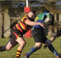  ??  ?? Jamie Bowes tackles for Sligo against Seapoint in Hamilton Park. Sligo RFC travel to Middleton on February 11th.