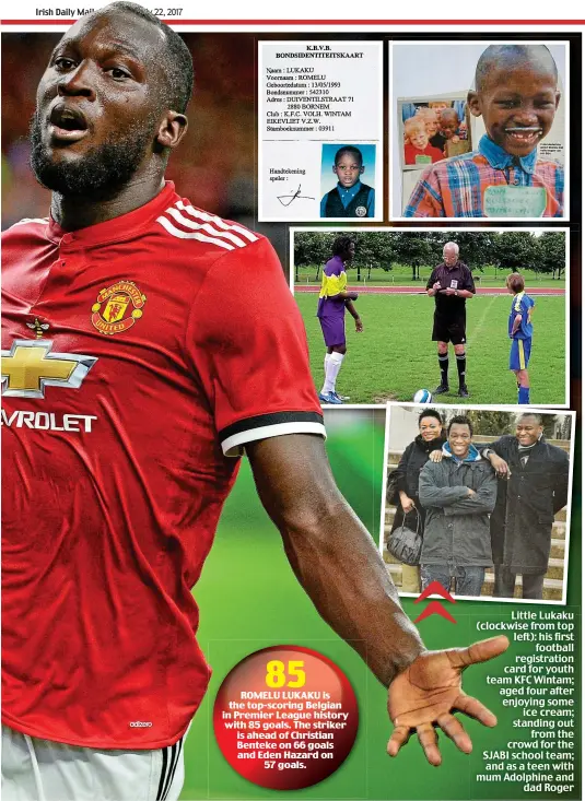  ??  ?? Little Lukaku (clockwise from top left): his first football registrati­on card for youth team KFC Wintam; aged four after enjoying some ice cream; standing out from the crowd for the SJABI school team; and as a teen with mum Adolphine and dad Roger