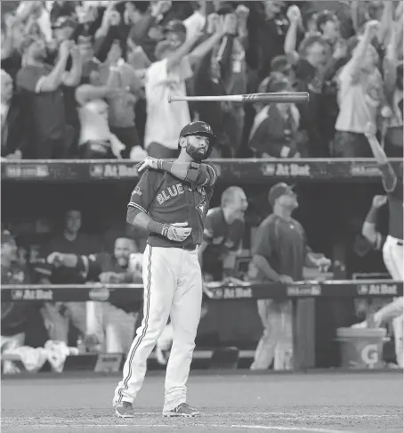  ?? THE CANADIAN PRESS/FILES ?? Of all the thrilling moments Jose Bautista provided Blue Jays fans, none was more memorable than the three-run homer at Rogers Centre on Oct. 14, 2015 — punctuated by the bat flip — that clinched the American League Division Series against the Texas...