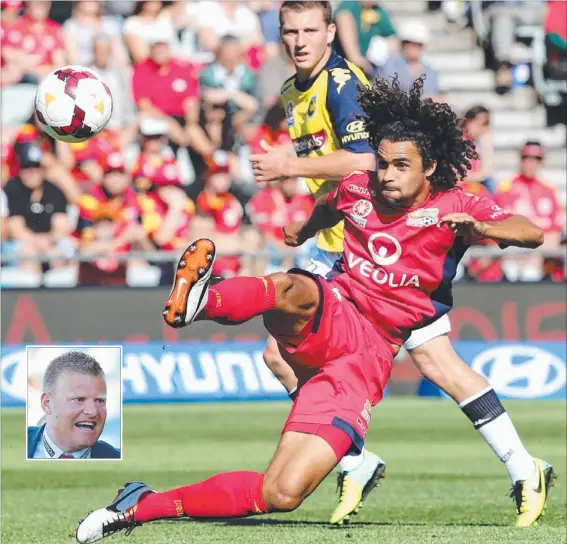  ?? Pictures: SARAH REED ?? Osama Malik battles to control the ball for Adelaide United during their comprehens­ive 4-0 win over reigning A-League champions Central Coast Mariners at Coopers Stadium yesterday. Inset: Embattled Adelaide United coach Josep Gombau celebrates after...