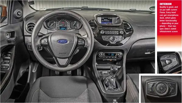  ??  ?? INTERIOR Quality is good, and on par with current Fiesta. Entry-level cars get smartphone dock, which gives better functional­ity – depending on your phone – than topspec Zetec’s dated infotainme­nt screen