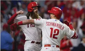  ?? Photograph: Bill Streicher/USA Today Sports ?? The Phillies’ Kyle Schwarber, right, celebrates his two-run home run with team-mate Brandon Marsh during the fifth inning of Tuesday’s Game 3 of the World Series.