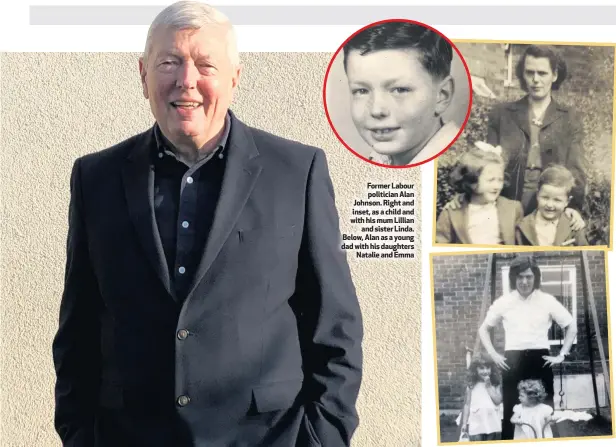  ??  ?? Former Labour politician Alan Johnson. Right and inset, as a child and with his mum Lillian
and sister Linda. Below, Alan as a young dad with his daughters
Natalie and Emma