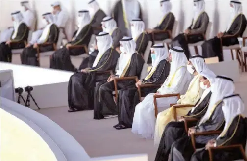  ?? WAM ?? ↑
Leaders attend the ‘Seeds of the Union’ event during the 49th UAE National Day celebratio­ns at Jubail Mangrove Park in Abu Dhabi.