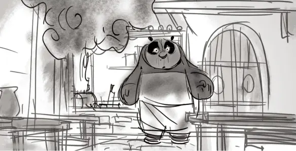  ??  ?? Kung Fu cooking “This is a story panel from the 2013 Kung Fu Panda short film, Secrets of the Scroll. Po’s attempt at cooking fails miserably.”