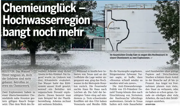  ?? AP ?? Im texanische­n Crosby kam es wegen des Hochwasser­s in einem Chemiewerk zu zwei Explosione­n.