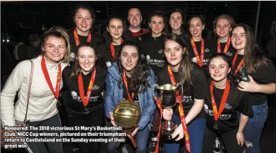  ??  ?? Honoured: The 2018 victorious St Mary’s Basketball Club, NICC Cup winners, pictured on their triumphant return to Castleisla­nd on the Sunday evening of their great win.