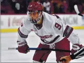  ?? COURTESY PHOTO ?? Forward John Leonard, seen here playing for UMassAmher­st in 2019, is hoping to make the Sharks roster.