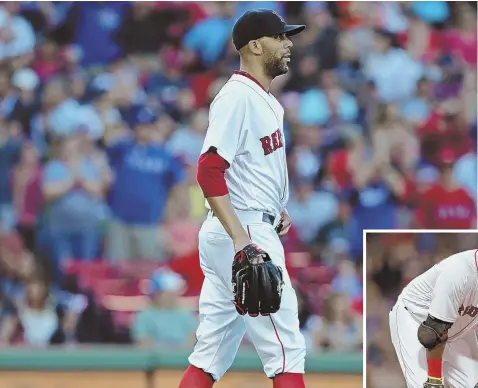  ?? STaff phoTo By john wilcox ?? TOUGH TO WATCH: David Price reacts after giving up a home run on the first pitch of the game to the Rangers’ Shin-Soo Choo in the Red Sox’ eventual 7-2 loss last night at Fenway Park; at right, David Ortiz can only hang his head after grounding out to...