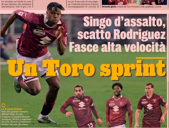  ?? LAPRESSE ?? Le 4 carte di Juric
Nella foto grande l’ivoriano Wilfried Singo, 22 anni. A seguire lo svizzero Ricardo Rodriguez, 30 anni, il nigeriano Ola Aina, 26 anni, e il kosovaro Mergim Vojvoda, 28