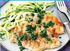 ??  ?? QUICK TYPE B DINNER Top seared turkey cutlets with pesto; add a side of ‘zoodles’ with olive oil and Parmesan