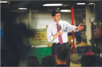  ?? AP PHOTO ?? Speaker of the House Paul Ryan, R-Wis., speaks at a tax reform town hall with employees at the Dixon Valve & Coupling Company factory in Chestertow­n, Md.