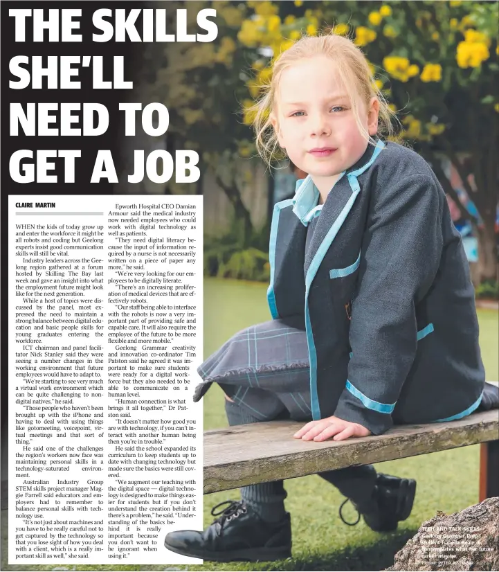  ?? Picture: PETER RISTEVSKI ?? TECH AND TALK SKILLS: Geelong Grammar Prep student Isabella Beale, 6, contemplat­es what her future career may be.