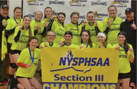  ??  ?? The Morrisvill­e-Eaton Warriors successful­ly defended their Section III Class D title with a 3-0victory over Old Forge on Saturday, Feb. 16.