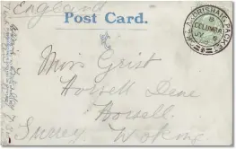  ??  ?? This postcard, cancelled with the Columba datestamp with larger lettering in 1908, should have been surcharged by virtue of the ‘Sprig O’ Hielan’ Heather Frae dear auld Scotia’s Hills’ contained within the card