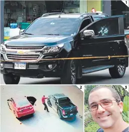  ??  ?? (1) El vehículo en el que se conducía el arquitecto Sercido Rangel Hernández. (2) El sicario fue captado al momento de disparar. (3) Imagen en vida de la víctima, atacada por dos sujetos cerca de gasolinera.