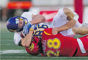  ?? RICH LAM/ UBC ATHLETICS ?? UBC Thunderbir­d Tyler Turner makes a catch and is wrapped up by the University of Calgary Dinos’ Hunter Turnbull during CIS Canada West football action Friday at McMahon Stadium in Calgary.