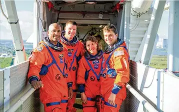  ?? NASA VIA THE NEW YORK TIMES ?? Artemis II crewmates, from left: Victor Glover, who will be the first Black person to travel around the moon; Jeremy Hansen, mission specialist; Christina Koch, mission specialist; and Reid Wiseman, commander. NASA is recruiting its next group of astronauts, and you have until Tuesday to make a pitch for yourself.