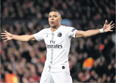  ?? Picture: AFP ?? CLASSY. Paris Saint-Germain’s Kylian Mbappé celebrates after scoring his team’s second goal during the first leg of their Champions League last-16 match against Manchester United at Old Trafford on Tuesday night.