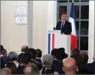  ?? (AP/Christophe Petit Tesson) ?? French President Emmanuel Macron delivers a speech Sunday at the newly inaugurate­d Shoah memorial at the former Pithiviers’ train station in Pithiviers, France, as part of a ceremony commemorat­ing the 80th anniversar­y of the Vel d’Hiv roundup.