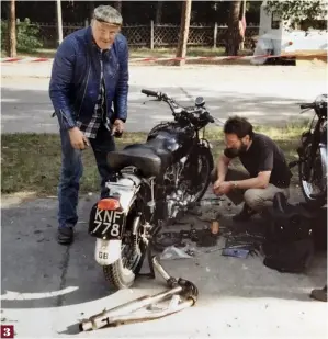  ??  ?? 1: “No finer way to travel!” Pete Lee (left) and John Robinson with the laden Vincents, in Germany, 1990. 2: All loaded up and waiting to get on the ferry. 3: Pete doesn’t look as unhappy as one might expect, with the Vincent all stripped out. 3