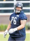  ?? BRIAN CASSELLA/CHICAGO TRIBUNE ?? Bears offensive lineman Teven Jenkins practices, Monday, during OTAs at Halas Hall in Lake Forest.