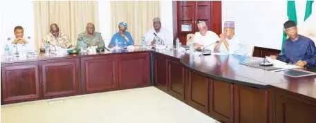  ?? Photo: State House ?? From right: Acting President Yemi Osinbajo; Borno State Governor, Kashim Shettima; Minister of Defence, Brig Gen Mansur Dan Ali; Minister of State Power, Alhaji Mustapha Baba Shehuri; Minister of State, Budget and National Planning, Zainab Ahmed; Chief...