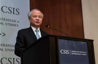  ??  ?? Cui Tiankai, Chinese Ambassador to the United States, reiterated that China has the firm will to safeguard its own interests and rights, and internatio­nal justice, in his speech at the Center for Strategic and Internatio­nal Studies on July 13, 2016.