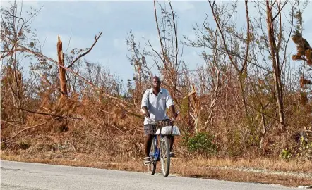  ??  ?? a resident riding his bike along the s.c.bootle Highway on treasure cay in abaco, the bahamas, about a week after Hurricane dorian wrecked the area. — Photos: tns