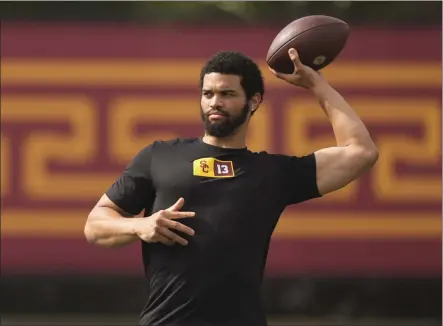  ?? RYAN SUN — THE ASSOCIATED PRESS ?? USC quarterbac­k Caleb Williams participat­ed in the team’s NFL Pro Day on Wednesday in Los Angeles as numerous NFL officials were on hand.